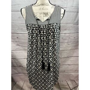 Rose & Olive Black White Geo Print Tassel Neck Sleeveless‎ Midi Dress Women's M